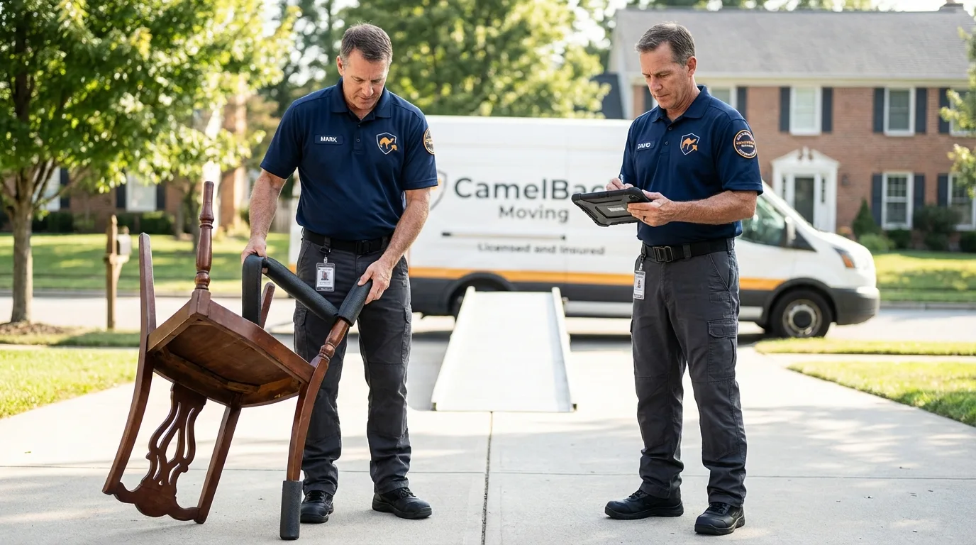 Movers inspecting furniture for damage prevention before loading in Springfield, OH