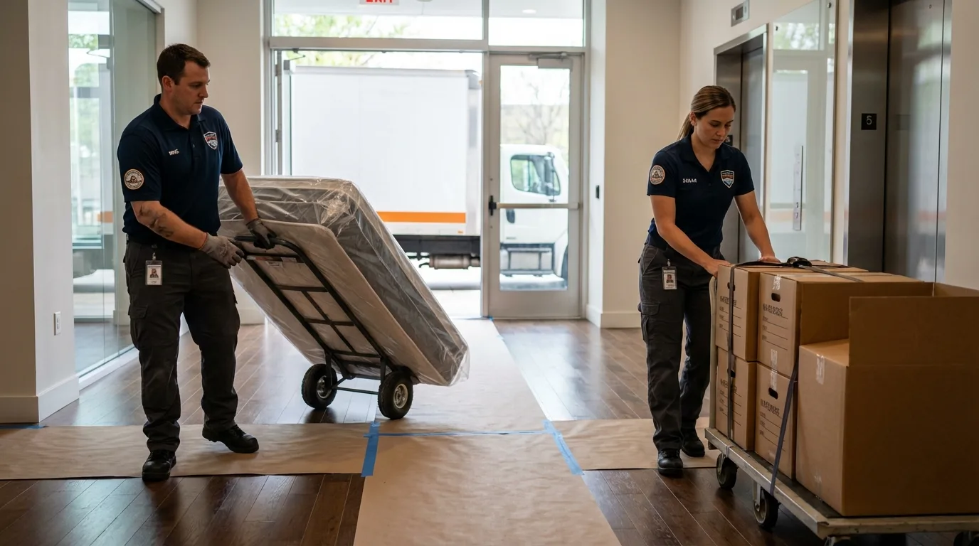 Professional apartment movers loading elevator in Springfield, OH